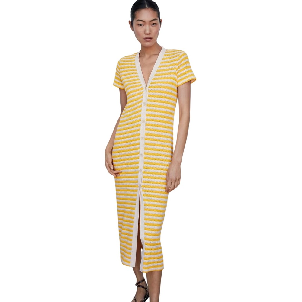 Mango MNG Yellow White Striped Knit Midi Dress Button Front Short Sleeve XS 2
